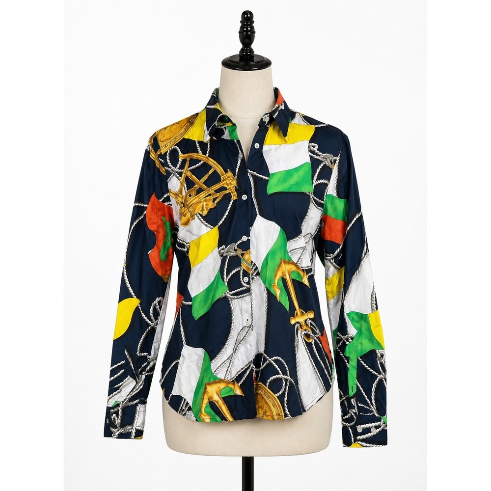 Lauren Ralph Lauren Petite Silk Nautical Scarf Print Shirt Navy Blue 8P Anchor